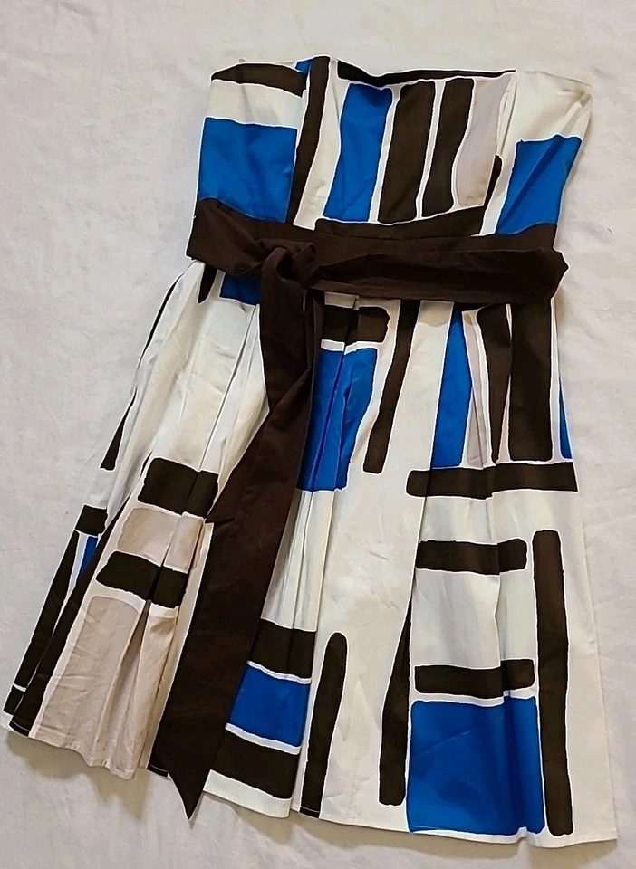 A.P.N.Y. Strapless Fit & Flare Dress White Blue Brown Womens Size 14 - Image 4 of 4