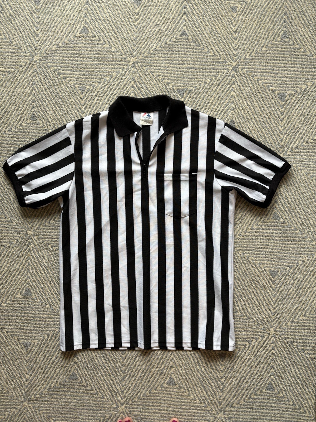Majestic Zipper Polyester Polo - Referee Stripes - Vintage - Large - Black/White