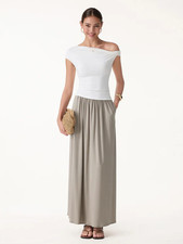 OGL Soft Linen Knit Gathered A-Line Maxi Skirt with Pockets -Dark Alabaster, NWT