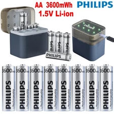Lot Philips 1.5V 3600mWh AA Rechargeable Lithium Battery with Charger Box