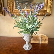New Realistic Lavender Artificial Silk Flower Arrangement  Rustic Zinc Urn Vase