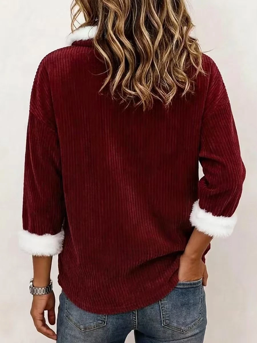 Damen Kordjacke mit Fellbesatz asymmetrischer Knopf Herbst Winter Strickjacke