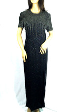 Vintage, black silk gown, fully beaded silver  iridescent beads, Large,  2399 