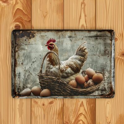 Vintage Farm Chicken & Fresh Eggs Metal Tin Sign - Rustic Wall Decor for Kitchen