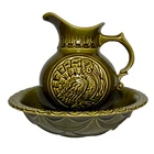 MCM McCoy Pottery #7516 Green Turkey Pitcher Bowl Set Embossed 1968 Vintage