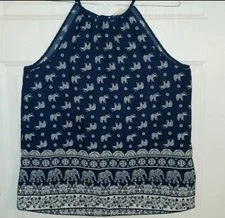Ladies Wishful Park blue and white spaghetti strap Top w/elephant print Size Med