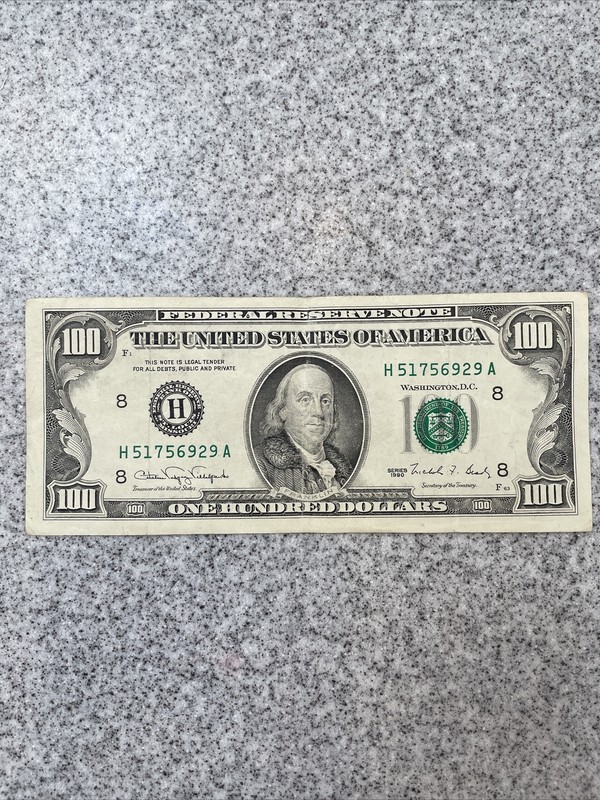1990 $100 Hundred Dollar Bill Rare Federal Reserve Note Vintage 36 years old