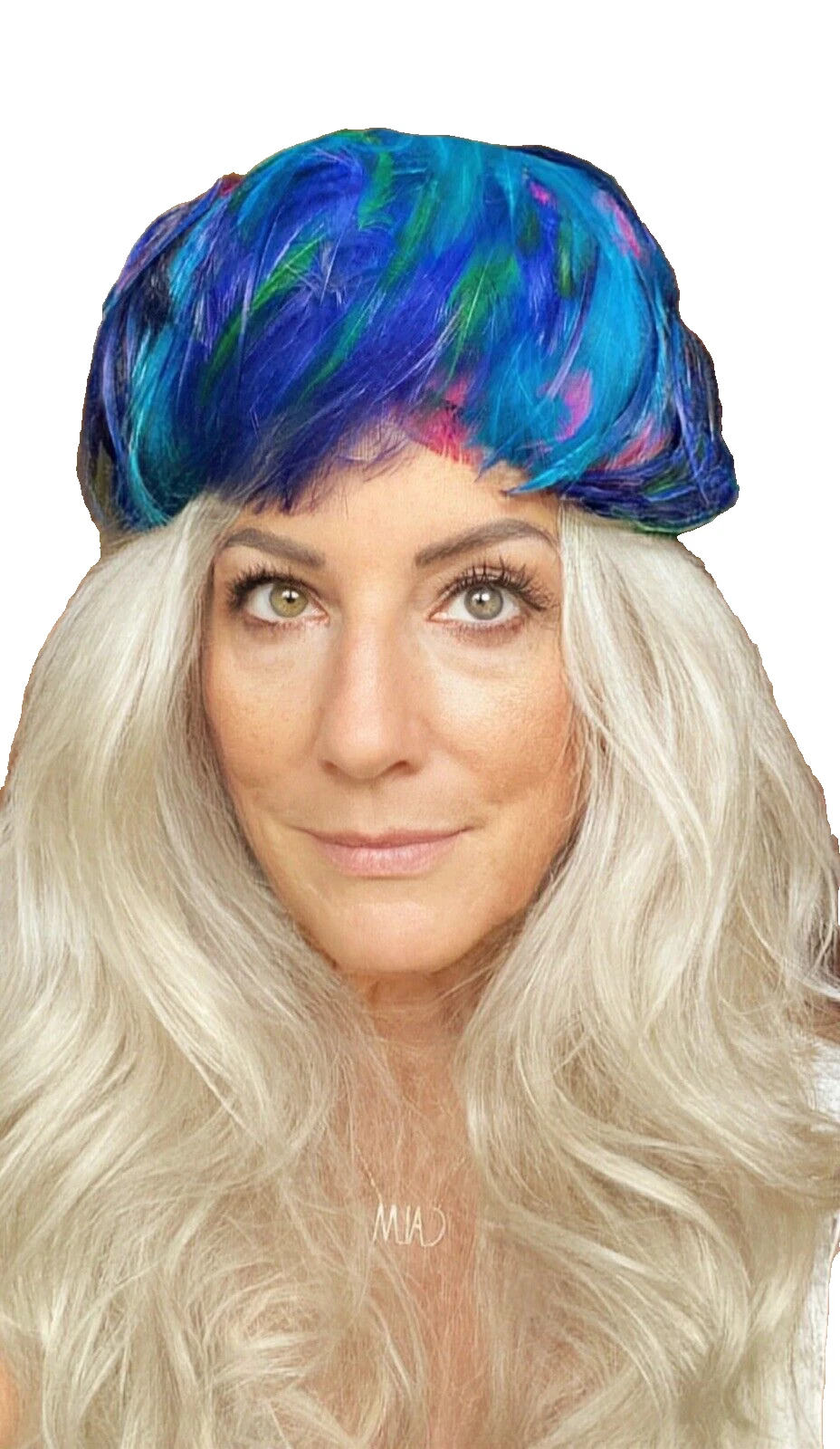CHAPEAU PLUME vintage CHRISTIAN DIOR MULTICOLORE bleu turquoise rose cocktail années 50