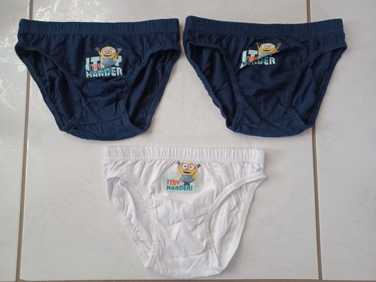 Lot De 3 Slips Garçon Les Minions - Taille 11-12 Ans (146/152cm) - 100% Coton Bleu Et Blanc