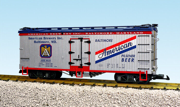 USA Trains G Scale US Reefer Car R16418 American Brewery Silver/Blue Nowość, WYPRZEDAŻ