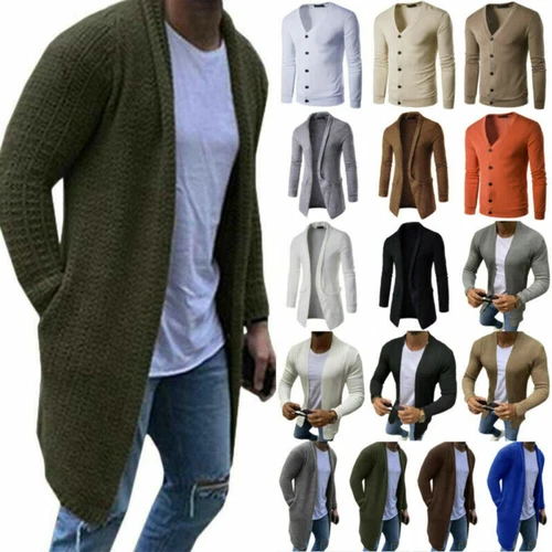 Mens Knitted Long Sleeve Cardigan Sweater Winter Casual Jacket Coat Tops Outwear - Picture 2 of 19