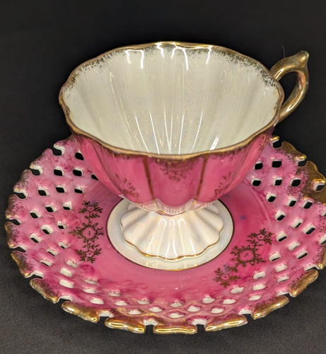 Taza de té y salsa reticulada vintage NAPCO Japón rosa iridiscente - Imagen 3 de 7