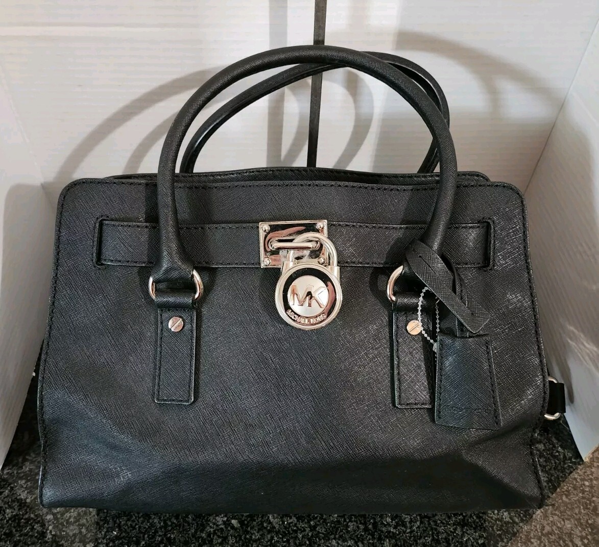 MICHAEL KORS HAMILTON LARGE BLACK MONOGRAM LOGO SILVER CHAIN TOTE