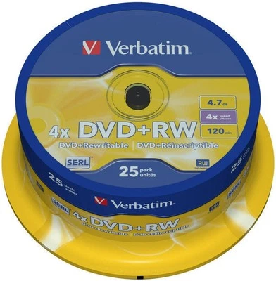 25 Verbatim DVD+RW 4,7Gb 120Min 4x wiederbeschreibbar Rohlinge Spindel