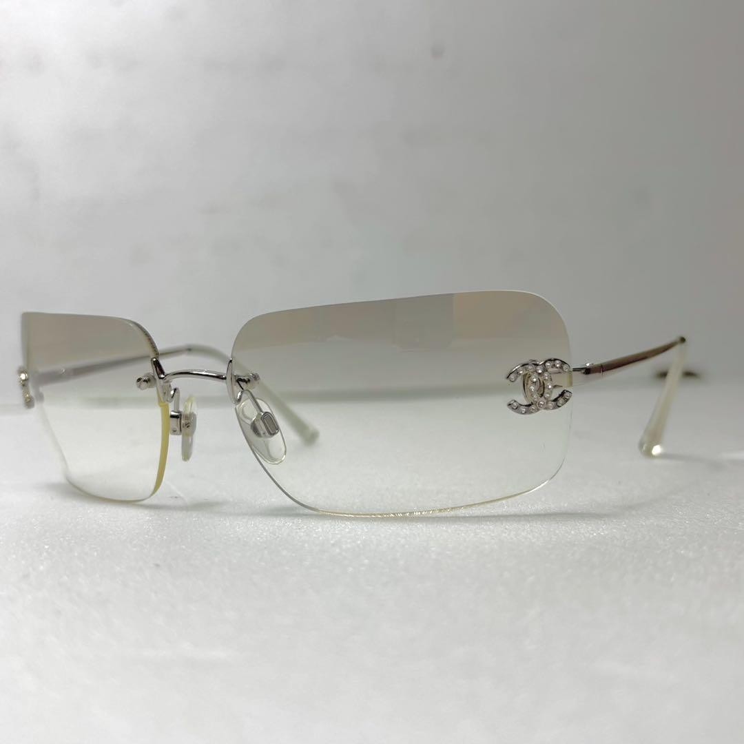 CHANEL Rimless Sunglasses 4017-D Gray Gradient Rhinestone