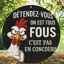 Vintage Funny French Quote Red Rooster 8x8 Inch Round Aluminum Kitchen Sign