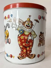 VTG 1960s MCM Cookie Snack Tin Metal Can with Lid J L Clark Circus Clown Design