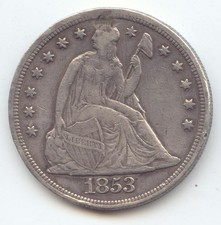 Dollar Liberté assis 1853, date rare, détails XF, trou/bouchon