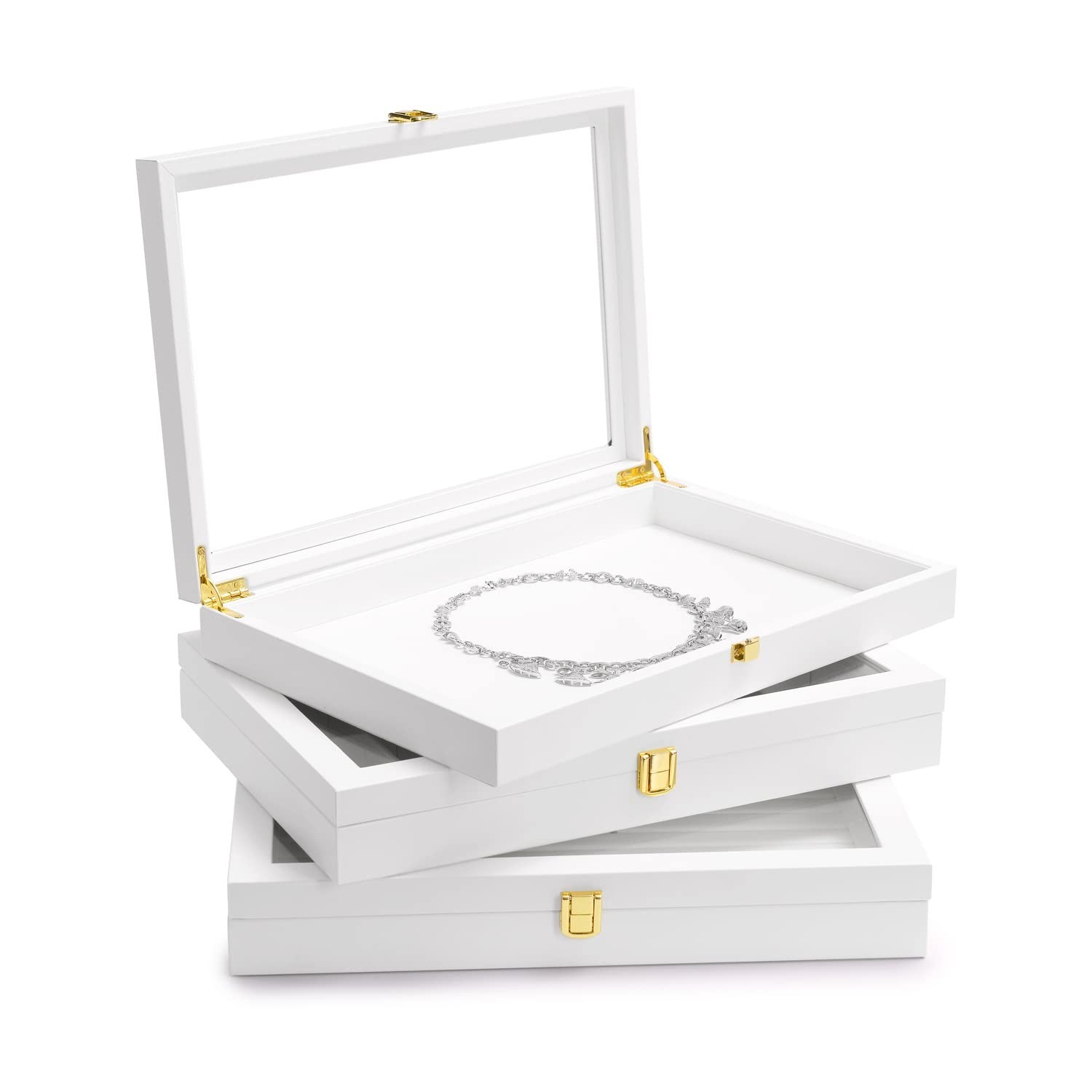 Oirlv White Jewelry Organizer Tray with Acrylic Lid Premium Leather Jewelry B...