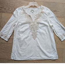 Norm Thompson Embroidered Linen Blend Top Cream Beige Petite Medium PM Boho