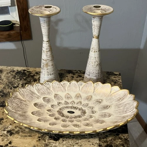 Haeger Royal Haeger Gold Tweed Glaze Ceramic Candle Holders & Platter 22 cart Go