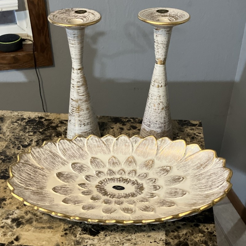 Haeger Royal Haeger Gold Tweed Glaze Ceramic Candle Holders & Platter 22 k Gold