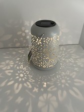 NEW GREY METAL LANTERN FLORAL OUTDOOR SOLAR LIGHT TABLE LED LIGHT.