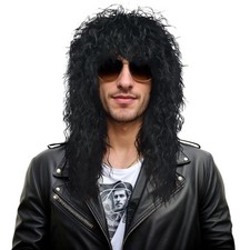 70s 80s Rocker Mullet Wig Long Curly Black Adult Men Women Wig Halloween Cosp...