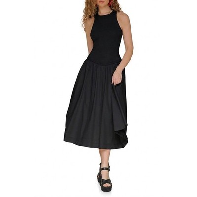Avec Les Filles 10 Black Fit & Flare Midi Dress Sleeveless Drop Waist Full Skirt