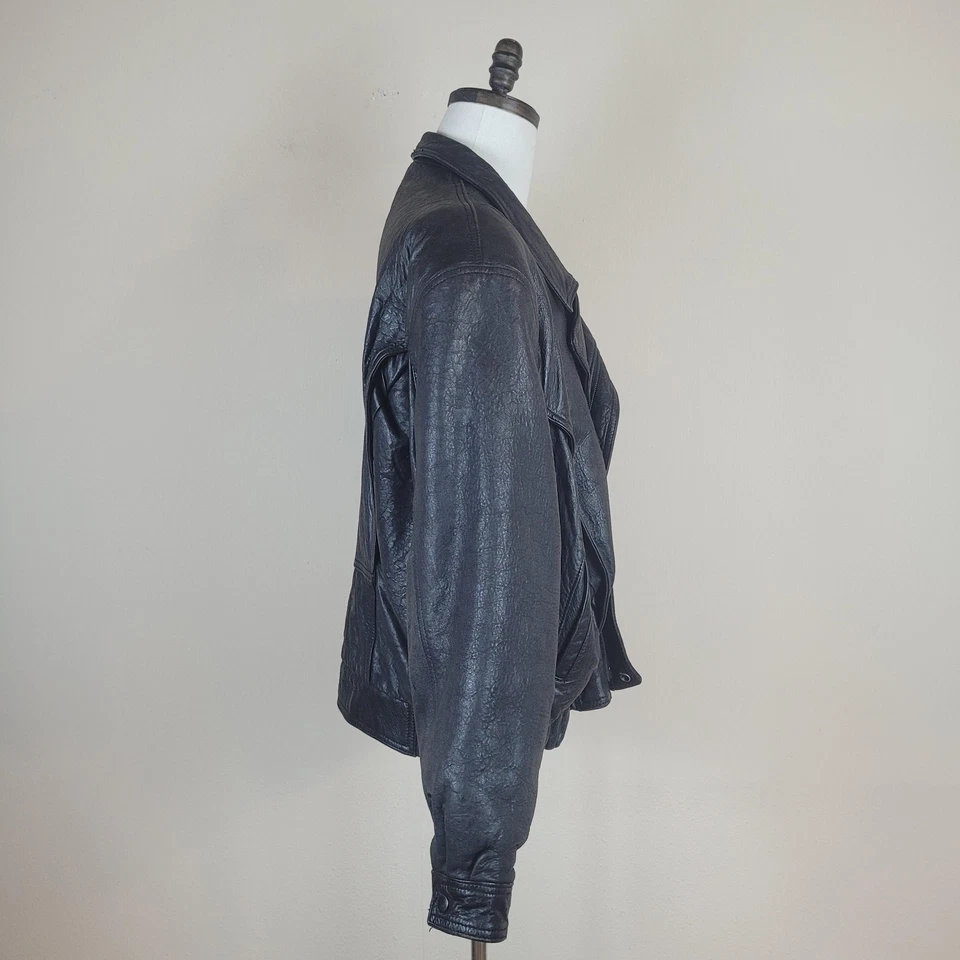 Chaqueta de Cuero Winlit Grande Negra De Colección Motociclista Bombardero Asimétrico Años 90 Foto 2 de 4
