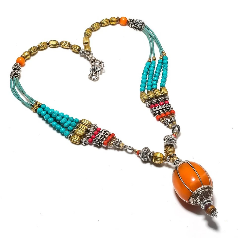 Collar Joyería Cuentas Bohemias Hecho a Mano Amarillo Ámbar Coral Turquesa 18" SR 724 Foto 2 de 4