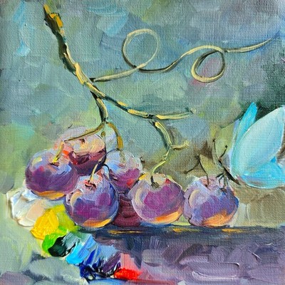 Grapes Butterfly Oil Painting 16x16cm Fruit Painting on High Quality Oil Painting Paper