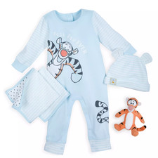 Disney Baby 5 Pc Blue Burp Cloths Hat Romper Plush Tigger Rattle Set Sz 0-3 MO