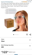 200 PCS Face Shield Guard Mask Safety Protection With Glasses Reusable 