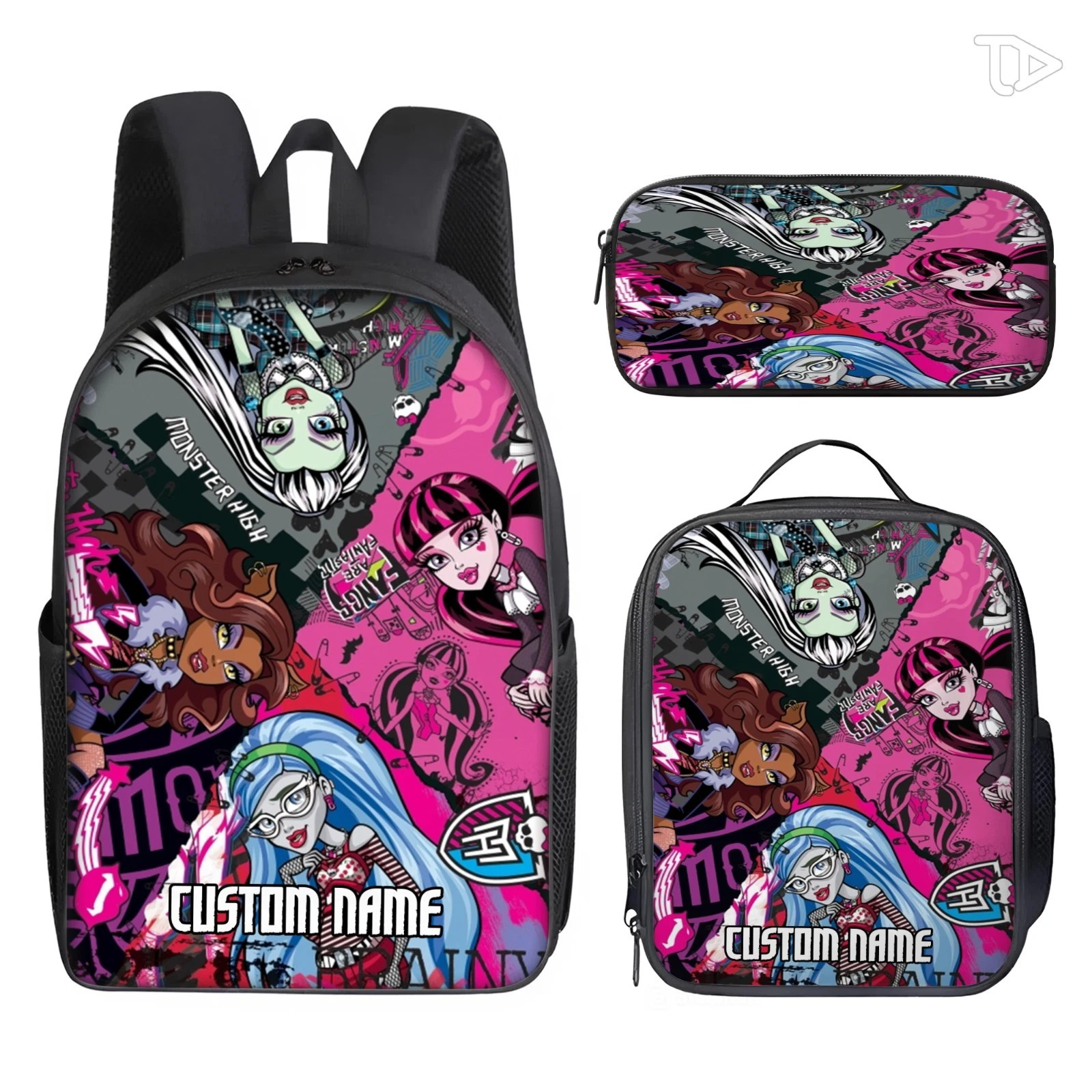 Personalized Spooky Cute Doll Backpack 3pcs Set, Custom Name Gothic Fashion High