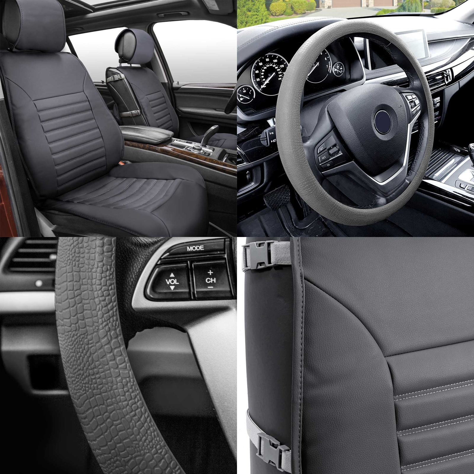 Leather Car Seat Cushion Pad Covers Front Buckets Gray with Steering Cover