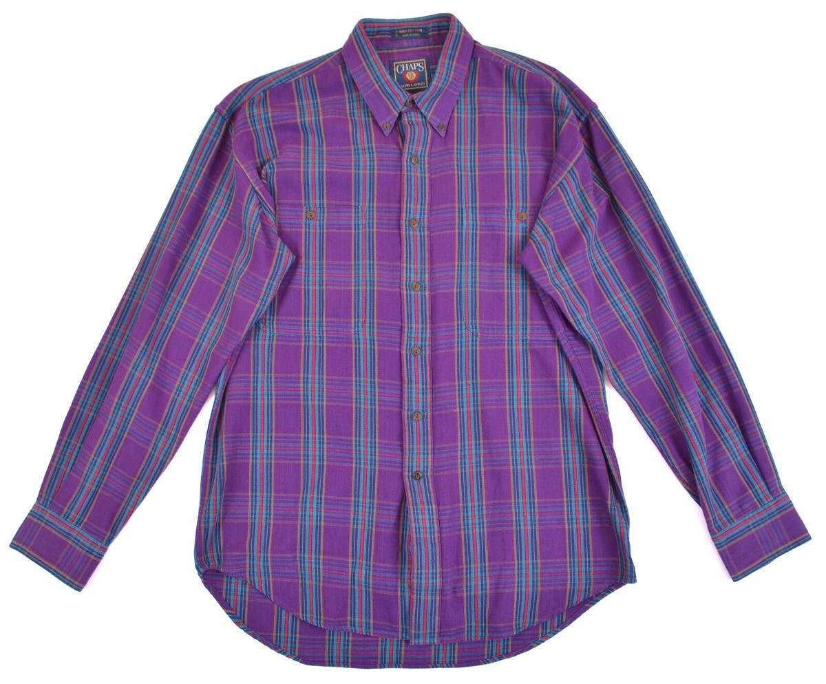 M 90s Ralph Lauren Shirt IMPORTED SILK 紫 Chaps Ralph Lauren Vintage 90s Plaid Purple Blue Cotton Check