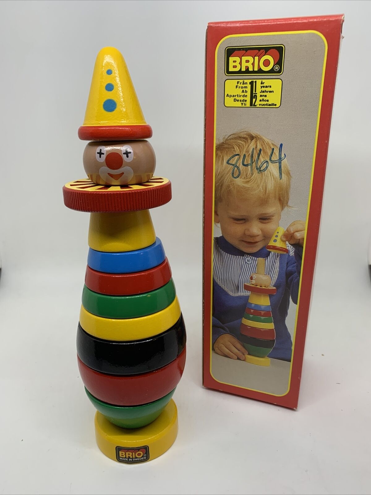 Vintage 8.5" BRIO 30130 Wooden Toy Stacking Clown 12 Pc With Box