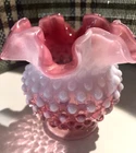 FENTON Cranberry Pink  Opalescent Hobnail Ruffled Rim Vase 4.5"H Vintage