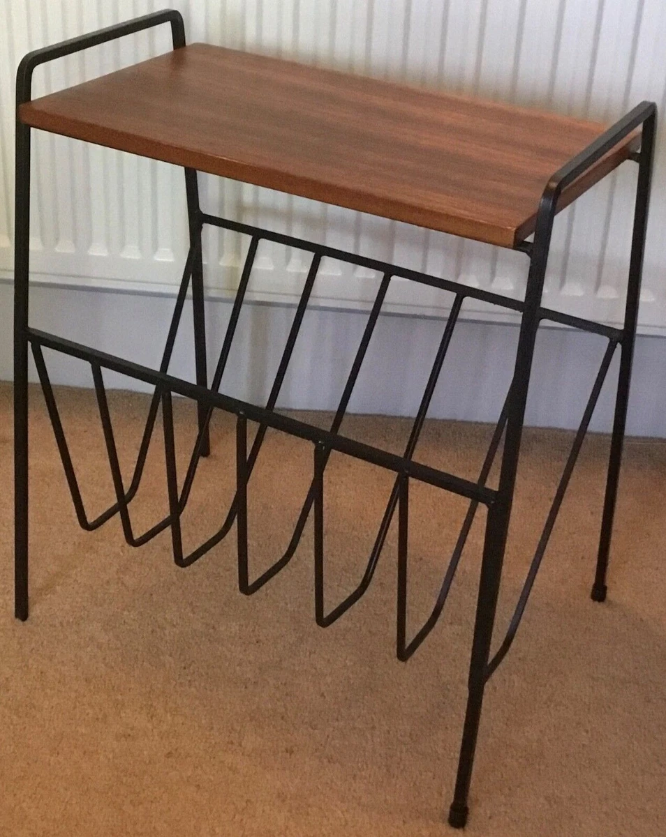 Vintage Retro Magazine Rack Teak Veneer Table Top Black Wrought Iron Mid Century