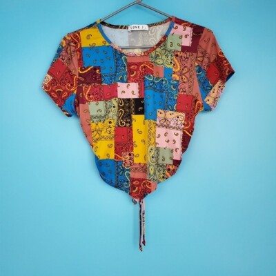 Love J Cropped Top Women's Size XL Open Back Soft Patchwork Look