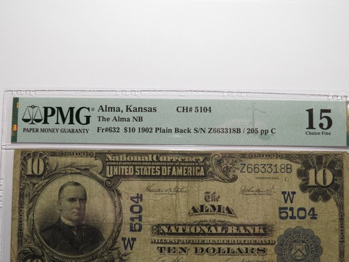 $10 1902 Alma Kansas KS National Currency Bank Note Bill Charter #5104 F15 PMG - Picture 2 of 3