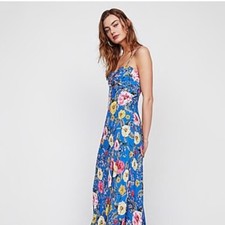 NWT Express Cut-Out Blue Floral Hawaiian Long Maxi Dress Size Sm Cruise Vacation