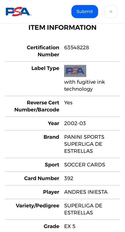 Andreas Iniesta True Rookie -2002 Panini Sports Superliga De Strellas PSA 5 - Image 4 of 4