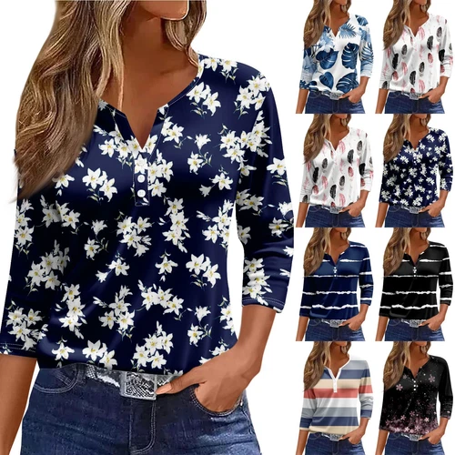 Womens Tops Casual Blouses Tops 3/4 Sleeve V Neck Tunic Top Loose Button T Shirt - Picture 2 of 18