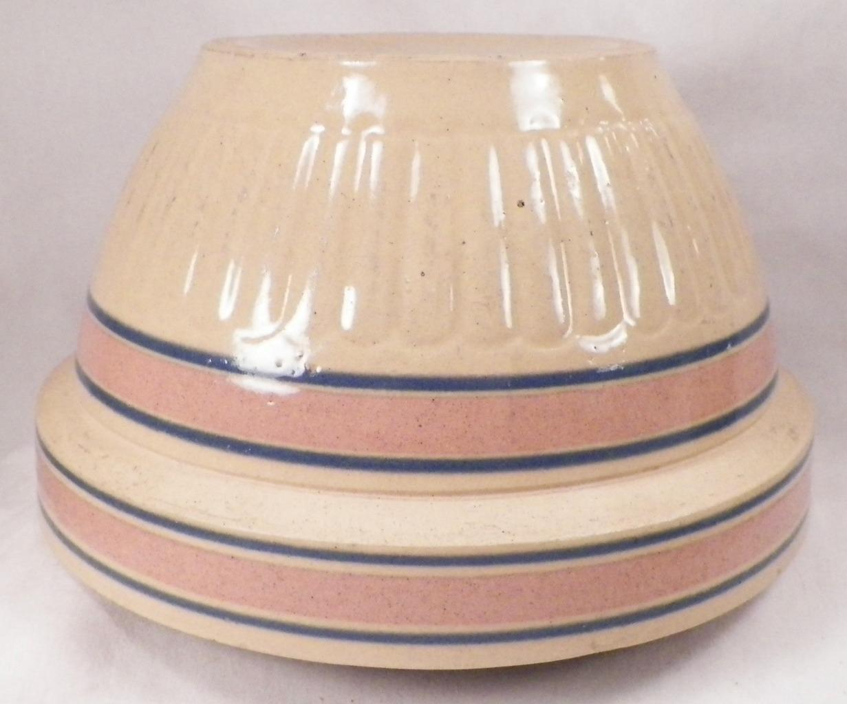 Yellowware Mixing Bowl Pink Blue Bands Stoneware Ribbed Yellow Ware