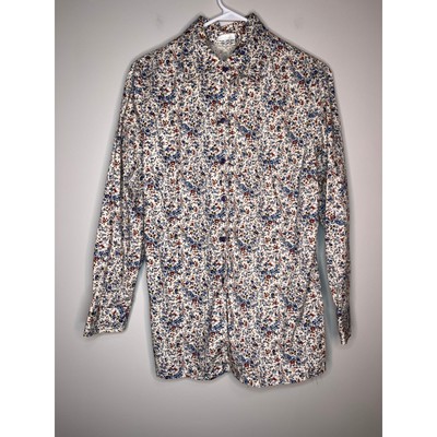 1970s Ample Togs California Orange Blue Bitty Floral Disco Dagger Collar Shirt L