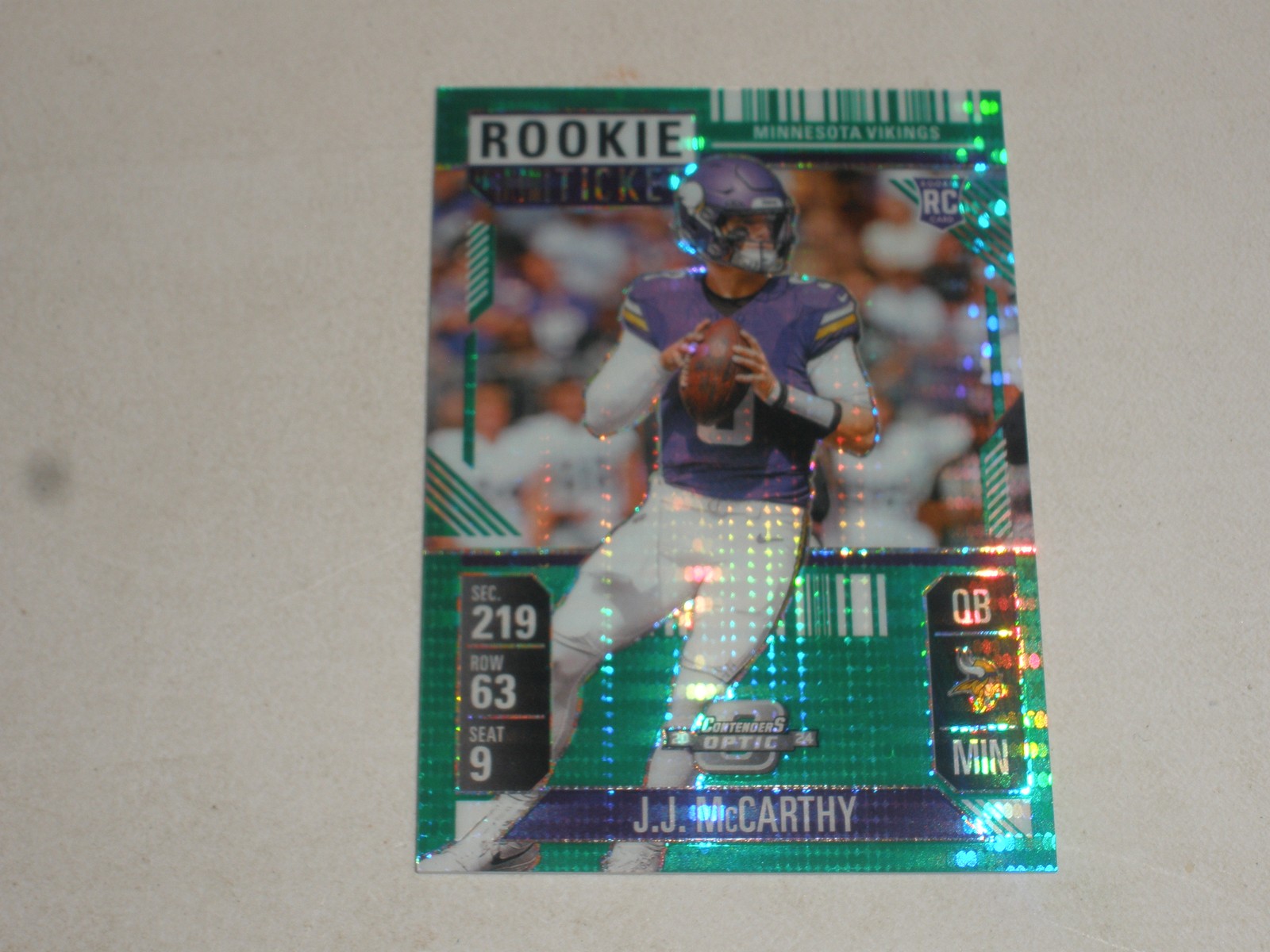 2024 Contenders Optic Rookie Ticket Green Pulsar Prizm #71 JJ McCarthy 03/49 RC