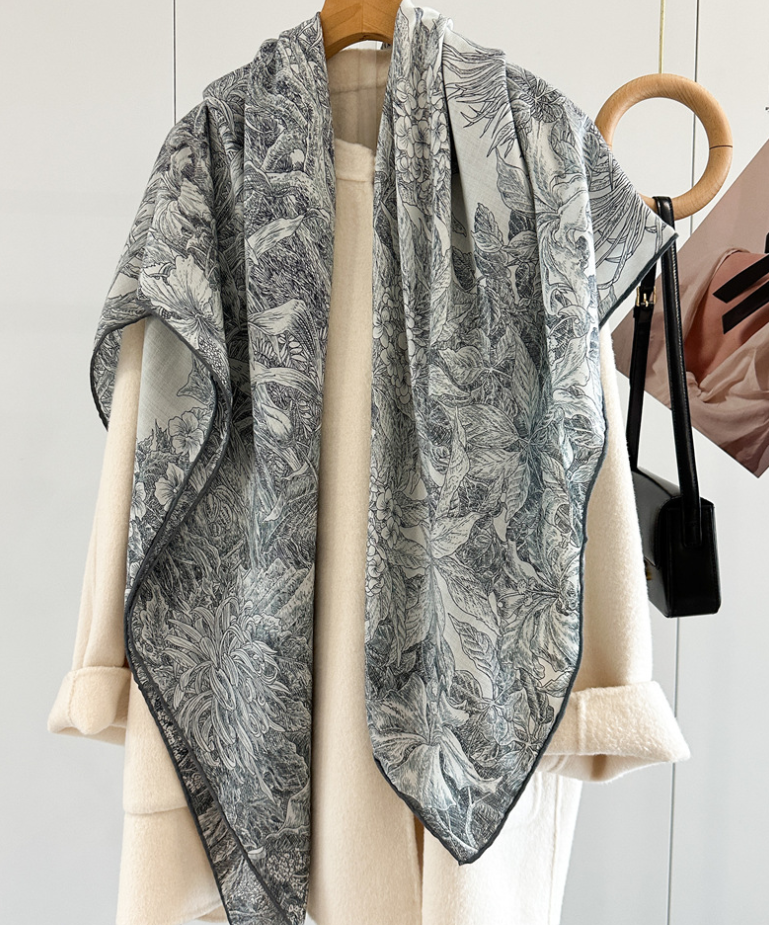 70% Cashmere 30% Silk Gray forest Print Scarf Shawl Wrap Double Face 135X135cm