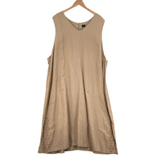 Maggie Barnes Shift Dress Womens Plus Size 28W Tan Linen Embroidered Zipper